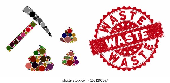 Mosaic shit mining and rubber stamp watermark with Waste caption. Mosaic vector is created with shit mining icon and with scattered circle items. Waste stamp uses red color, and grunged texture.