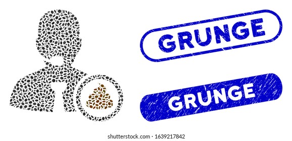 Mosaic shit operator and grunge stamp seals with Grunge caption. Mosaic vector shit operator is designed with random ellipse pieces. Grunge stamp seals use blue color, and have round rectangle shape.