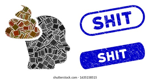 Mosaic shit thinking head and corroded stamp watermarks with Shit caption. Mosaic vector shit thinking head is designed with random rectangles. Shit stamp seals use blue color,