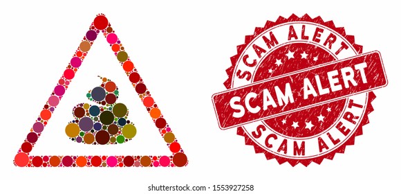 Mosaic shit warning and grunge stamp seal with Scam Alert text. Mosaic vector is formed with shit warning icon and with randomized spheric elements. Scam Alert stamp seal uses red color,