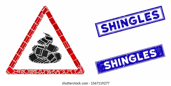 Mosaic shit warning pictogram and rectangle stamps. Flat vector shit warning mosaic pictogram of random rotated rectangle elements. Blue caption rubber stamps with dirty texture.
