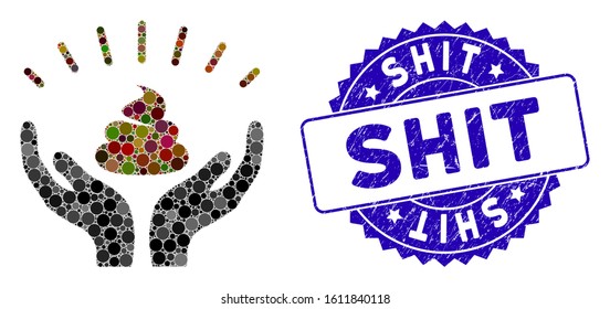 Mosaic shit win hands icon and corroded stamp seal with Shit caption. Mosaic vector is designed with shit win hands icon and with random circle elements. Shit seal uses blue color,