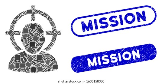 Mosaic shoot person and corroded stamp seals with Mission phrase. Mosaic vector shoot person is formed with randomized rectangle items. Mission stamp seals use blue color,