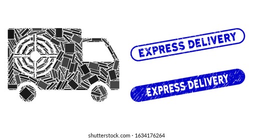 Mosaic shooting gallery truck and grunge stamp watermarks with Express Delivery phrase. Mosaic vector shooting gallery truck is designed with random rectangle items.