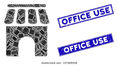 Mosaic shop building pictogram and rectangular Office Use seals. Flat vector shop building mosaic pictogram of scattered rotated rectangular elements. Blue Office Use watermarks with distress texture.