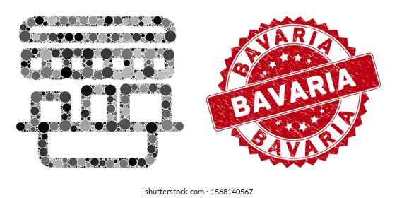 Mosaic shop and grunge stamp watermark with Bavaria phrase. Mosaic vector is formed with shop icon and with randomized spheric elements. Bavaria stamp uses red color, and grunge surface.