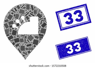 Mosaic shop pictogram and rectangle 33 seal stamps. Flat vector shop mosaic pictogram of random rotated rectangle elements. Blue 33 seal stamps with scratched texture.