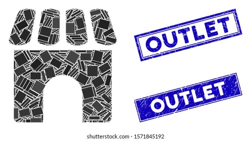 Mosaic shop pictogram and rectangular Outlet seal stamps. Flat vector shop mosaic pictogram of randomized rotated rectangle elements. Blue Outlet stamps with grunge surface.