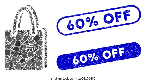 Mosaic shopping bag and grunge stamp seals with 60% Off caption. Mosaic vector shopping bag is created with randomized rectangles. 60% Off stamp seals use blue color, and have round rectangle shape.