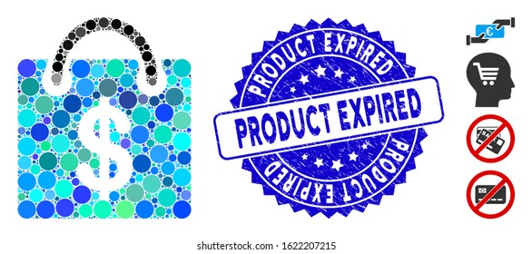 Mosaic shopping bag icon and rubber stamp seal with Product Expired text. Mosaic vector is designed with shopping bag icon and with randomized circle items. Product Expired seal uses blue color,
