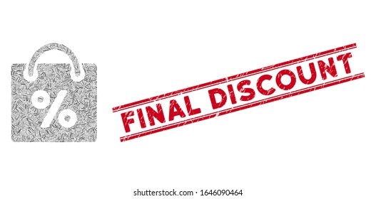 Icono de descuento de compras mosaico y sello de descuento final rojo entre líneas paralelas dobles. Icono de mosaico con descuento vectorial plano de artículos rotados aleatorios.