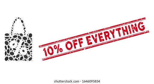 Mosaic shopping discount icon and rubber stamp seal with red 10 Percent Off Everything phrase between double parallel lines.