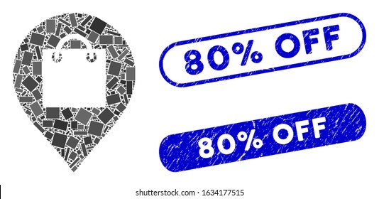 Mosaic shopping map marker and distressed stamp seals with 80% Off text. Mosaic vector shopping map marker is created with random rectangle items. 80% Off seals use blue color,