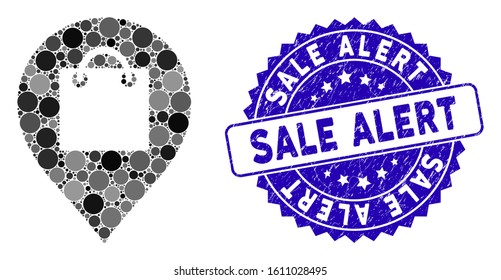 Mosaic shopping map marker icon and grunge stamp seal with Sale Alert text. Mosaic vector is formed with shopping map marker icon and with scattered spheric elements.