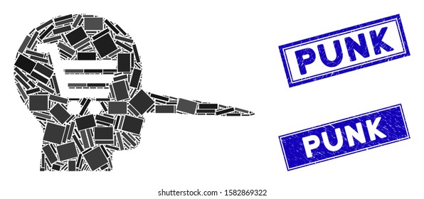 Mosaic shopping scammer icon and rectangular Punk seal stamps. Flat vector shopping scammer mosaic icon of scattered rotated rectangular elements. Blue Punk rubber seals with grunge surface.