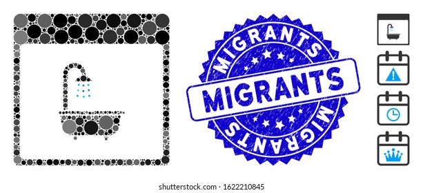 Mosaic shower bath calendar page icon and corroded stamp seal with Migrants text. Mosaic vector is composed with shower bath calendar page pictogram and with random circle items.