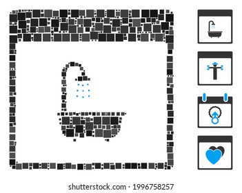 Mosaic Shower bath calendar page icon united from square items in variable sizes and color hues. Vector square items are arranged into abstract mosaic shower bath calendar page icon.