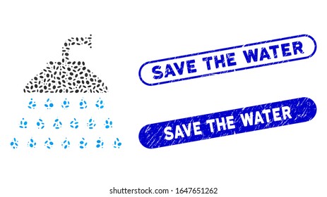 Mosaic shower and corroded stamp seals with Save the Water text. Mosaic vector shower is designed with random oval parts. Save the Water stamp seals use blue color, and have round rectangle shape.
