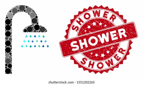 Mosaic shower and distressed stamp seal with Shower phrase. Mosaic vector is composed from shower icon and with scattered round items. Shower stamp seal uses red color, and scratched surface.