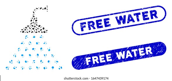 Mosaic shower and grunge stamp seals with Free Water phrase. Mosaic vector shower is created with randomized ellipse pieces. Free Water stamp seals use blue color, and have round rectangle shape.
