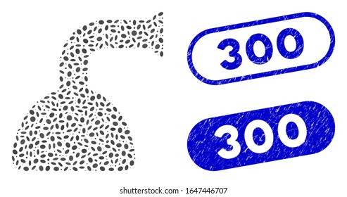 Mosaic shower head and corroded stamp seals with 300 caption. Mosaic vector shower head is composed with random ellipse items. 300 stamp seals use blue color, and have round rectangle shape.