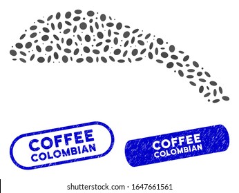 Mosaic shower head and grunge stamp seals with Coffee Colombian text. Mosaic vector shower head is designed with random ellipse dots. Coffee Colombian stamp seals use blue color,