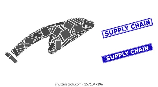 Mosaic shower head icon and rectangle Supply Chain seal stamps. Flat vector shower head mosaic pictogram of random rotated rectangle items. Blue Supply Chain seal stamps with corroded textures.