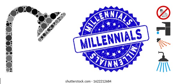 Mosaic shower head icon and rubber stamp seal with Millennials text. Mosaic vector is created with shower head icon and with random round elements. Millennials seal uses blue color, and grunge design.
