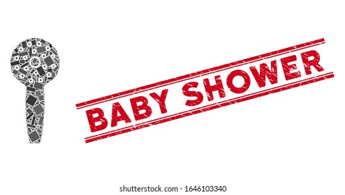 Mosaic shower head pictogram and red Baby Shower rubber print between double parallel lines. Flat vector shower head mosaic pictogram of scattered rotated rectangle items.