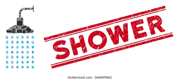 Mosaic shower icon and red Shower seal stamp between double parallel lines. Flat vector shower mosaic icon of randomized rotated rectangle elements. Red Shower seal stamp with distress surface.