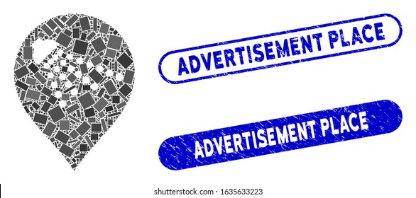 Mosaic shower map marker and grunge stamp seals with Advertisement Place text. Mosaic vector shower map marker is formed with scattered rectangle items. Advertisement Place stamp seals use blue color,