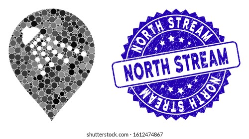 Mosaic shower map marker icon and rubber stamp watermark with North Stream phrase. Mosaic vector is designed with shower map marker icon and with randomized circle spots.