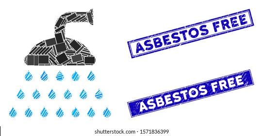 Mosaic shower pictogram and rectangular Asbestos Free seal stamps. Flat vector shower mosaic pictogram of scattered rotated rectangular elements. Blue Asbestos Free seal stamps with grunge surface.
