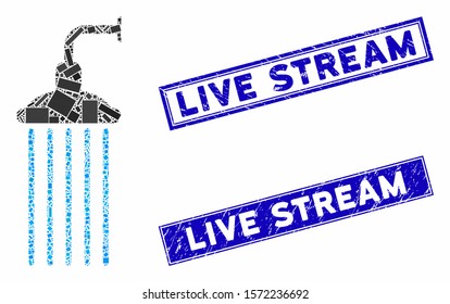 Mosaic shower pictogram and rectangular Live Stream stamps. Flat vector shower mosaic pictogram of random rotated rectangular items. Blue Live Stream rubber stamps with grunge surface.
