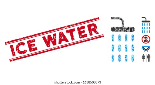 Mosaic shower pictogram and red Ice Water seal stamp between double parallel lines. Flat vector shower mosaic pictogram of random rotated rectangular elements.