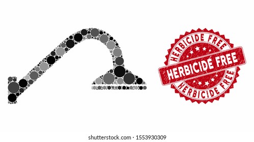Mosaic shower pipe and distressed stamp seal with Herbicide Free text. Mosaic vector is formed with shower pipe icon and with scattered round spots. Herbicide Free stamp seal uses red color,