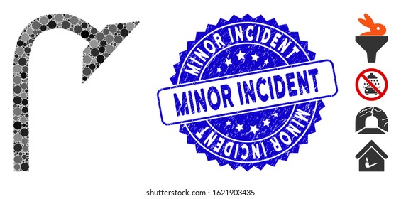 Mosaic shower pipe icon and rubber stamp seal with Minor Incident text. Mosaic vector is formed with shower pipe icon and with random circle elements. Minor Incident stamp seal uses blue color,
