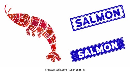 Mosaic shrimp icon and rectangular Salmon stamps. Flat vector shrimp mosaic icon of random rotated rectangular items. Blue Salmon stamps with dirty textures.