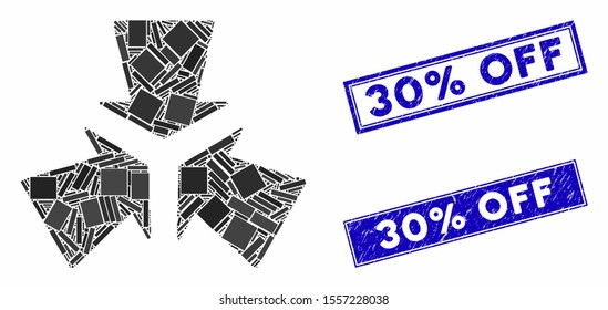 Mosaic shrink arrows pictogram and rectangular seal stamps. Flat vector shrink arrows mosaic pictogram of scattered rotated rectangular elements. Blue caption watermarks with rubber textures.