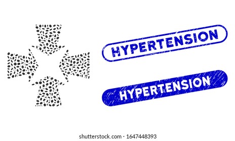 Mosaik schrumpfende Pfeile und Gummistempeldichtungen mit Hypertonikaption. Die schrumpfenden Pfeile der Mosaiken der Vektorillustration bestehen aus verstreuten ovalen Elementen. Hochdruck-Stempelsiegel verwenden blaue Farbe;