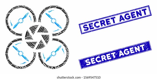 Mosaic shutter drone pictogram and rectangular seals. Flat vector shutter drone mosaic pictogram of scattered rotated rectangle elements. Blue caption rubber seals with rubber textures.