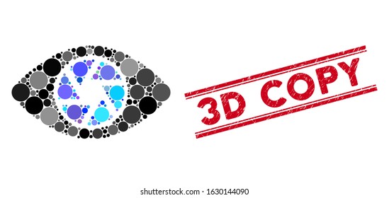 Mosaic shutter eye icon and distressed stamp seal with 3D Copy caption between double parallel lines. Mosaic vector is formed with shutter eye icon and with random spheric items.