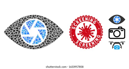 Mosaic shutter eye icon and red round grunge stamp seal with Screening phrase and coronavirus symbol. Mosaic vector is designed with shutter eye icon and with randomizedbumpy elements.