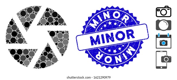 Mosaic shutter icon and rubber stamp seal with Minor phrase. Mosaic vector is created with shutter icon and with randomized circle spots. Minor stamp seal uses blue color, and rubber texture.