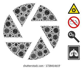 Mosaic shutter united from coronavirus icons in random sizes and color hues. Vector pathogen icons are united into abstract mosaic shutter icon. Some bonus icons are added.