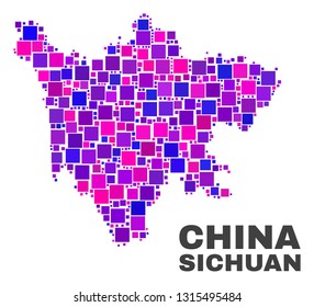 Mosaic Sichuan Province map isolated on a white background. Vector geographic abstraction in pink and violet colors. Mosaic of Sichuan Province map combined of scattered square items.