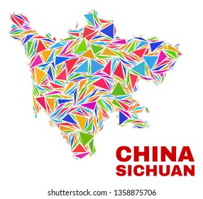 Mosaic Sichuan Province map of triangles in bright colors isolated on a white background. Triangular collage in shape of Sichuan Province map. Abstract design for patriotic decoration.