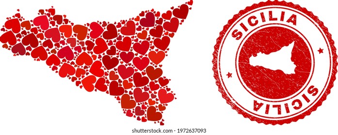 Mosaic Sicilia map composed from red love hearts, and grunge seal stamp. Vector lovely round red rubber seal imitation with Sicilia map inside.