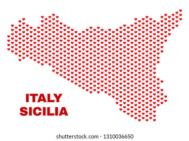 Mosaic Sicilia map of heart hearts in red color isolated on a white background. Regular red heart pattern in shape of Sicilia map. Abstract design for Valentine decoration.