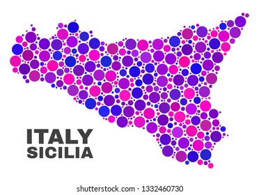 Mosaic Sicilia map isolated on a white background. Vector geographic abstraction in pink and violet colors. Mosaic of Sicilia map combined of random round dots.
